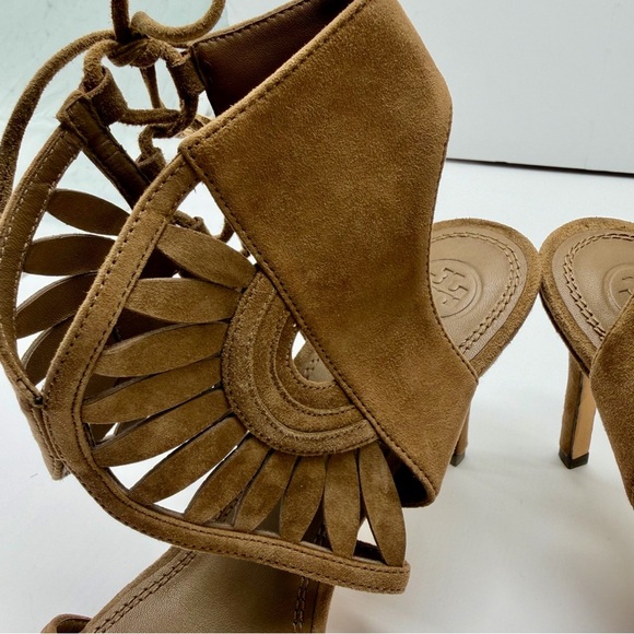 Tory Burch Tan Suede Lace-Up Sandal Heels Fan-Cut Side Detail US Size 8.5 - Picture 8 of 12